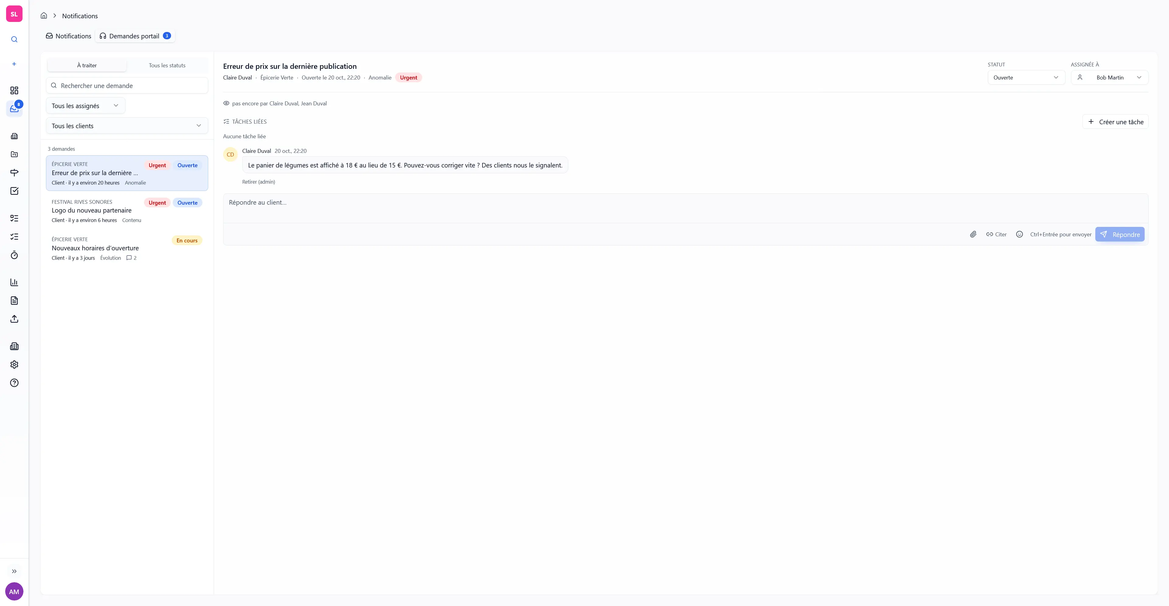 Mishka, Demandes portail : fil de discussion avec le client