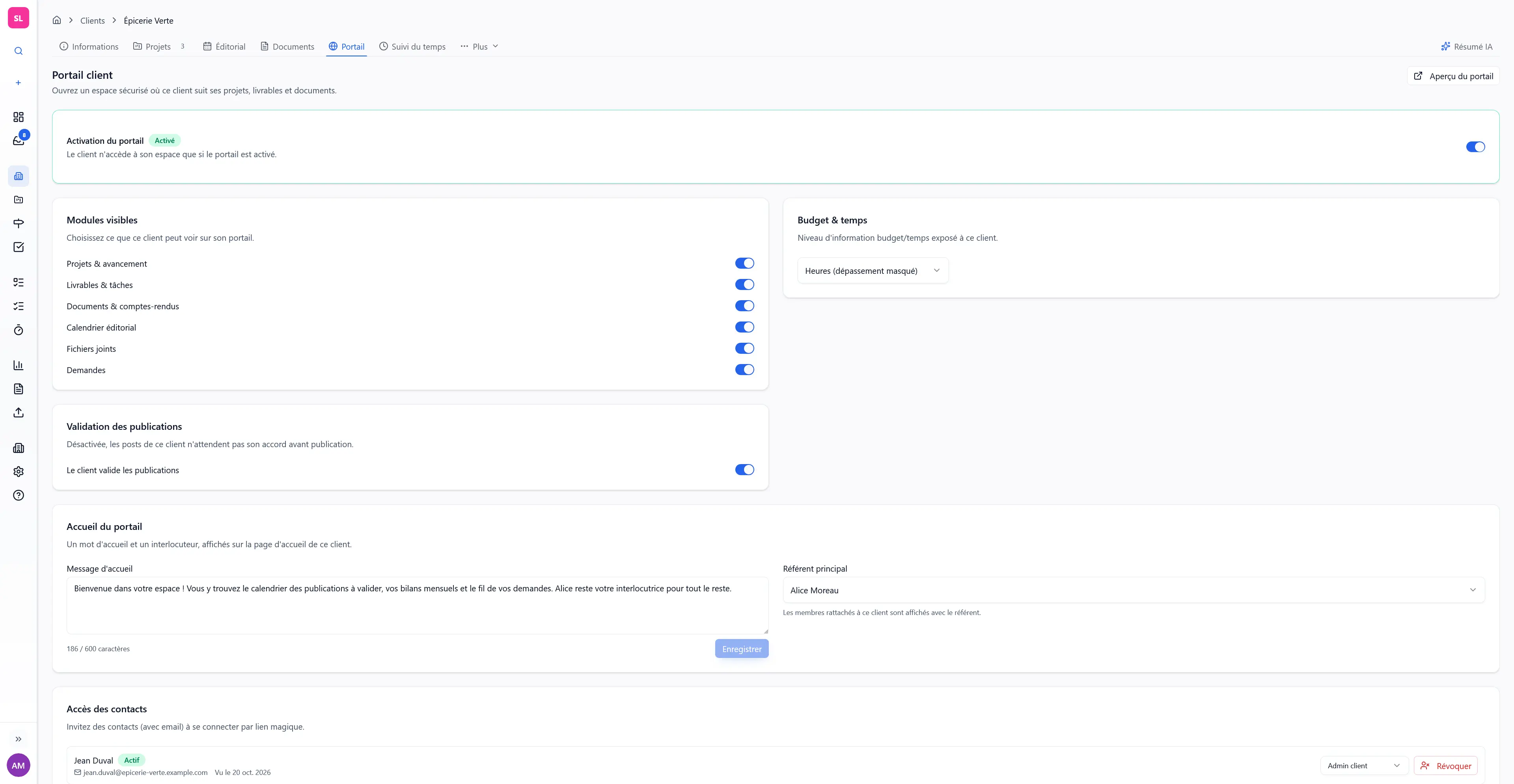 Fiche client Mishka, onglet Portail : activation et modules visibles
