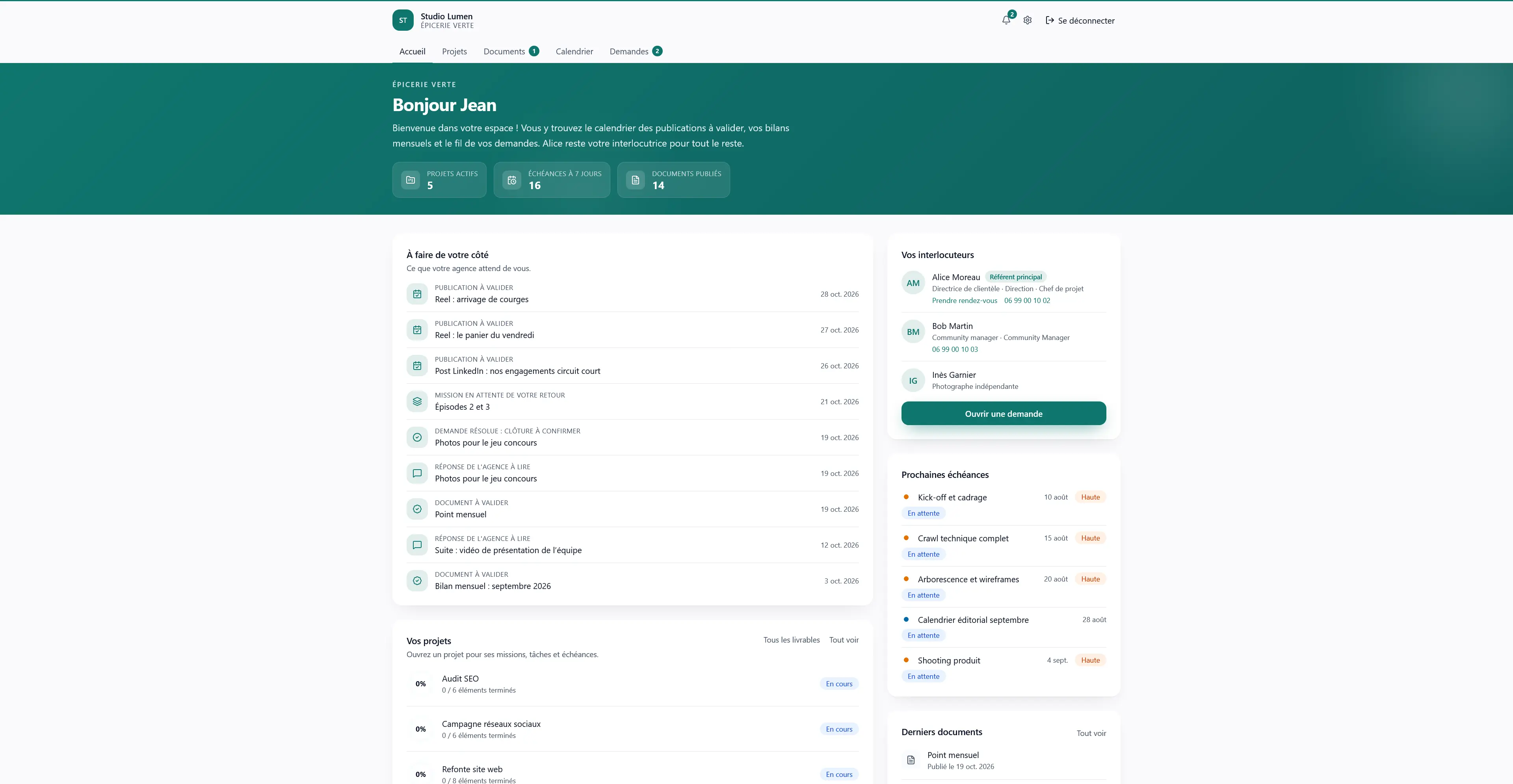 Accueil du portail client Mishka : ce que l'agence attend du client